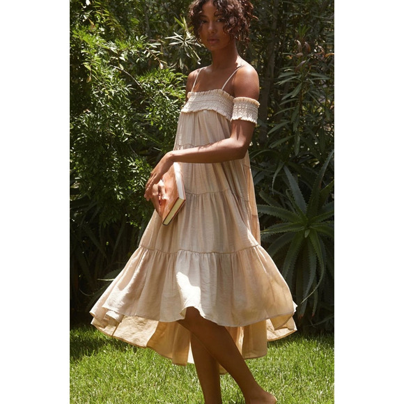 Anthropologie Dresses & Skirts - Anthropologie Sarah Hand Smocked Off-The-Shoulder Tiered Midi Dress Tan Small